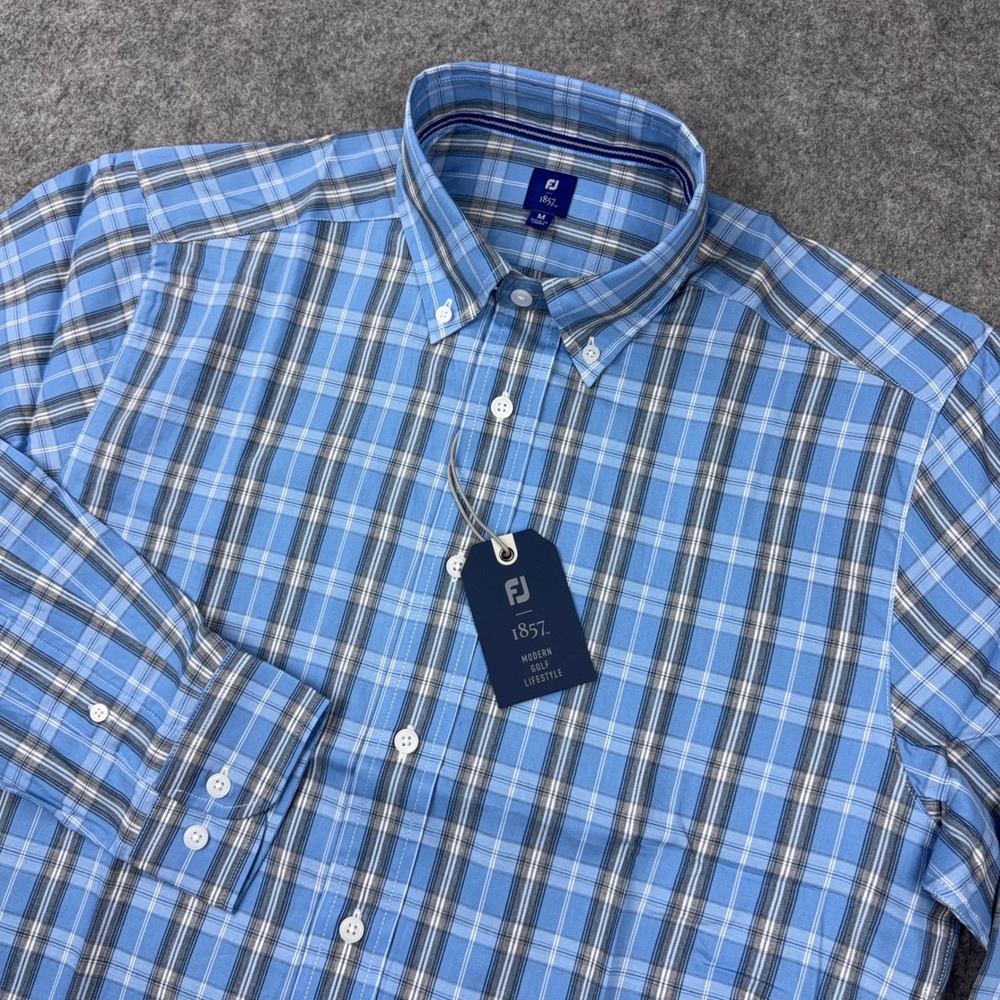 FootJoy 1857 Shirt Men Medium Blue Plaid Cotton Long Sleeve Button Down Golf NEW